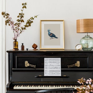 Puede incluir: Un piano negro vintage con una partitura de m&uacute;sica en el atril. Una impresi&oacute;n enmarcada de un p&aacute;jaro azul con una cresta en la cabeza est&aacute; sobre el piano. Una l&aacute;mpara de madera con una base de vidrio verde est&aacute; a la derecha del piano. Hay flores rosas en jarrones a ambos lados del piano.