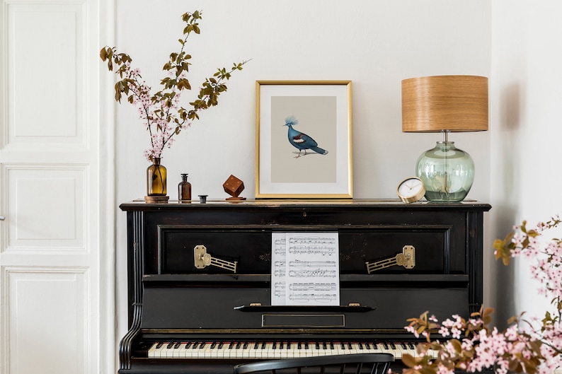 Puede incluir: Un piano negro vintage con una partitura de m&uacute;sica en el atril. Una impresi&oacute;n enmarcada de un p&aacute;jaro azul con una cresta en la cabeza est&aacute; sobre el piano. Una l&aacute;mpara de madera con una base de vidrio verde est&aacute; a la derecha del piano. Hay flores rosas en jarrones a ambos lados del piano.