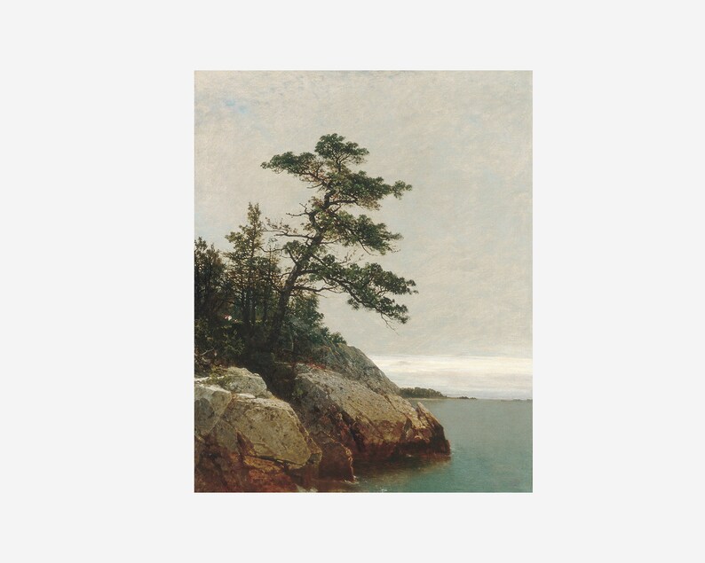 May include: A painting of a lone pine tree growing on a rocky cliff overlooking a calm body of water. The sky is a muted gray with wispy clouds. The tree is a dark green and the rocks are a mix of brown and gray.