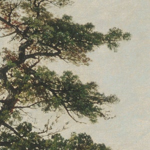 May include: A large green tree with branches reaching out against a light beige background.