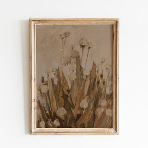 May include: A framed painting depicting a cluster of dried white flowers with brown stems against a light brown background.