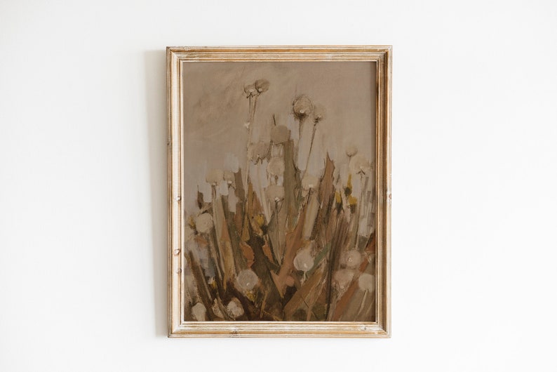 May include: A framed painting depicting a cluster of dried white flowers with brown stems against a light brown background.