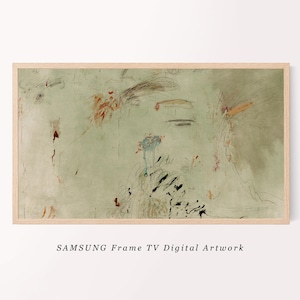 May include: Abstract digital artwork displayed on a Samsung Frame TV. The artwork features a light green background with delicate brushstrokes in shades of brown, red, and blue.