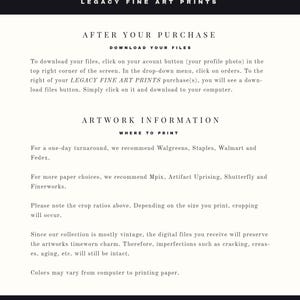 May include: A white background with black text explaining how to download digital files after purchasing fine art prints. The text also lists recommended printing services for one-day turnaround and for more paper choices.