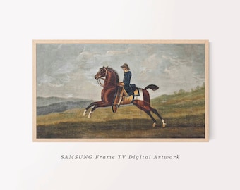 May include: A painting of a brown horse galloping across a green field with a rider in a blue jacket and a black hat. The sky is cloudy and the background is a distant landscape.