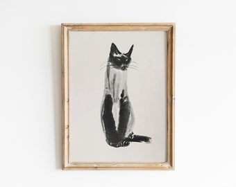 Antique Siamese Cat Painting | Printable Cat Art Farmhouse Wall Decor | Minimalist Wall Art Cat Lover Gift