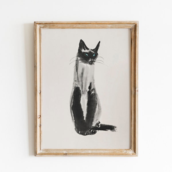 Antike Siamkatze Malerei | Druckbare Katze Kunst Bauernhaus Wand Dekor | Minimalistische Wandkunst Katzenliebhaber Geschenk