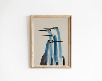 Coastal Crane Watercolor | Large Vintage Downloadable Wall Art for Cottage Core Decor | Aesthetic Room Decor