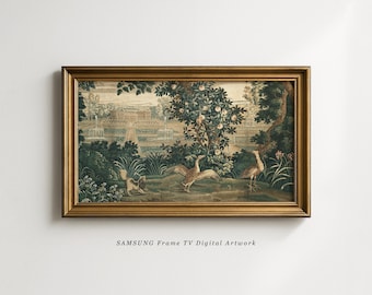 May include: A framed digital artwork featuring a pastoral scene with birds, trees, and a fountain. The artwork has a gold-colored frame. The scene is primarily green, beige, and brown. The text "SAMSUNG Frame TV Digital Artwork" is at the bottom.