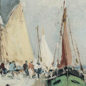 K&ouml;nnte beinhalten: Ein Gem&auml;lde, das eine Seelandschaft mit mehreren Segelbooten in einem Hafen zeigt. Die Boote sind wei&szlig; und gr&uuml;n mit braunen Masten und Segeln. Der Himmel ist hellblau mit einigen Wolken. Das Wasser ist hellblau mit einigen Schaumkronen.