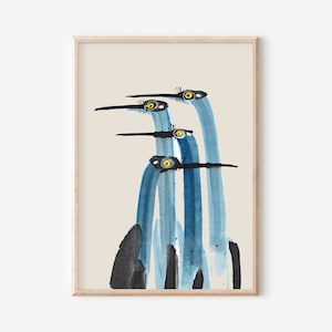 Coastal Crane Watercolor | Large Vintage Downloadable Wall Art for Cottage Core Decor | Aesthetic Room Decor