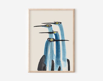 Coastal Crane Watercolor | Large Vintage Downloadable Wall Art for Cottage Core Decor | Aesthetic Room Decor
