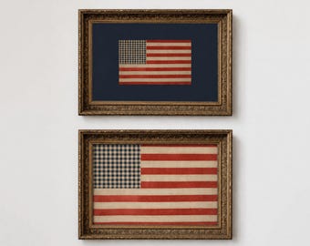 Set van 2 vintage Amerikaanse vlag afdrukbare muurkunst, patriottische VS decor, Cottagecore Core downloadbare kunst, Memorial Day 4 juli