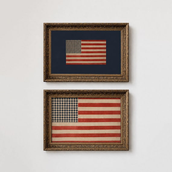 Set of 2 Vintage American Flag Printable Wall Art, Patriotic USA Decor, Cottagecore Core Downloadable Art, Memorial Day 4th of July