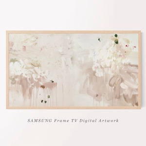 May include: Abstract digital artwork for a Samsung Frame TV. The piece features a light wood frame and a soft, neutral color palette of beige, white, and muted pinks. The artwork has a painterly style with visible brushstrokes and drips.