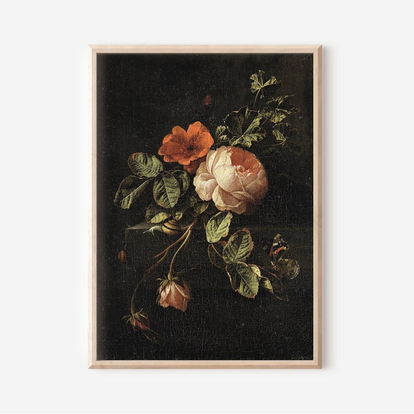 French Country Botanical Print Downloadable Print | Roses Still Life Moody Wall Art | Vintage Floral Print Farmhouse Decor