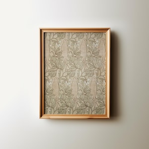 May include: A framed print of a vintage botanical illustration featuring a repeating pattern of stylized birds and leaves in shades of green and brown.