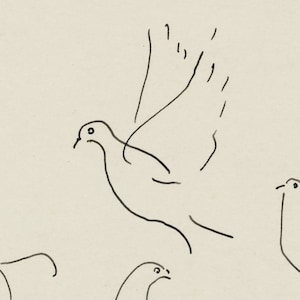 May include: A black and white line drawing of a flock of birds in flight. The birds are drawn in a simple, minimalist style.