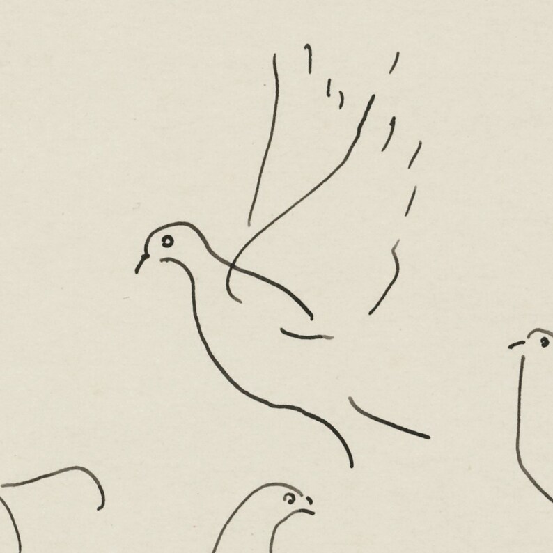 May include: A black and white line drawing of a flock of birds in flight. The birds are drawn in a simple, minimalist style.