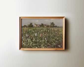 Pintura al óleo de paisaje campestre con tulipanes de estilo vintage / Decoración de primavera de moda / Arte mural estético descargable