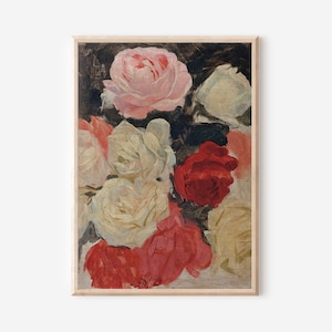 PRINTABLE Neutral Still Life Roses Oil Painting | Vintage Botanical Print | Farmhouse Wall Decor Digital Download