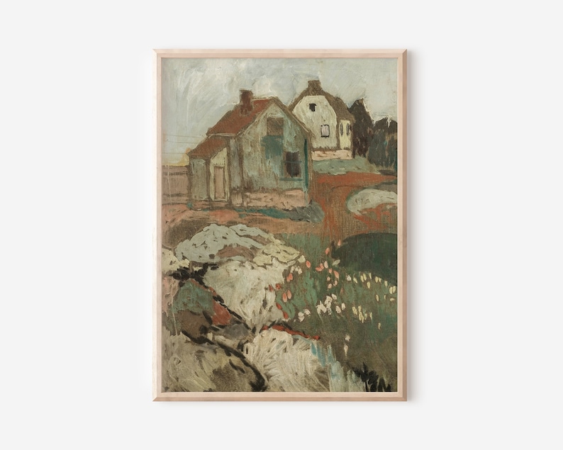 Puede incluir: Una pintura de dos casas en un paisaje con un campo de flores en primer plano. Las casas est&aacute;n pintadas en tonos de verde y marr&oacute;n, y las flores son rosas y blancas.