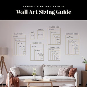 May include: A guide to wall art sizing with different ratios and sizes, including 2x3, 3x4, 4x5, 5x7, 11x14, and 1x1 ratios. The guide also includes standard ISO sizes like A1, A2, A3, and A4. The guide is displayed on a white wall with a light brown couch in front of it.