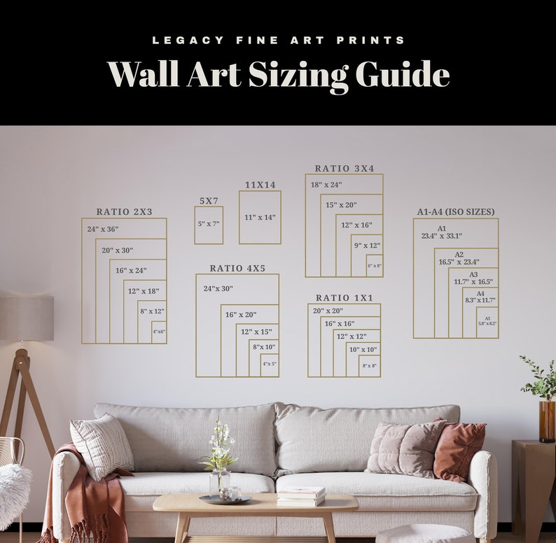 May include: A guide to wall art sizing with different ratios and sizes, including 2x3, 3x4, 4x5, 5x7, 11x14, and 1x1 ratios. The guide also includes standard ISO sizes like A1, A2, A3, and A4. The guide is displayed on a white wall with a light brown couch in front of it.