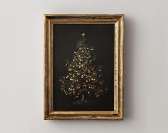 Moody Christmas Tree Oil Painting Printable, Large Neutral Cottagecore Holiday Wall Art, Downloadable Art