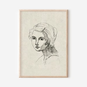 Antique Portrait Woman Sketch Printable | Minimalist Portrait Wall Art | Neutral Modern Farmhouse Wall Decor