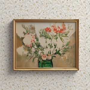 May include: A framed painting of a bouquet of pink and white flowers in a green vase. The flowers are arranged in a loose, natural style, and the background is a soft, muted color.