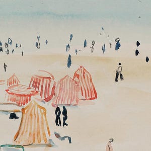 May include: Watercolor painting of a beach scene with red and orange striped tents, figures in black, and a light blue sky.