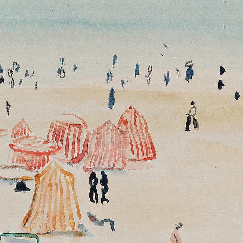 May include: Watercolor painting of a beach scene with red and orange striped tents, figures in black, and a light blue sky.