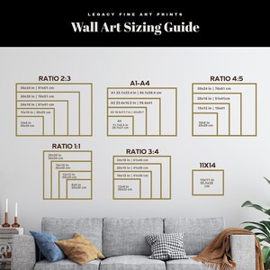 May include: A wall art sizing guide with different ratios and sizes in inches and centimeters. The guide includes ratios like 2:3, 1:1, 3:4, 4:5, and A1-A4.