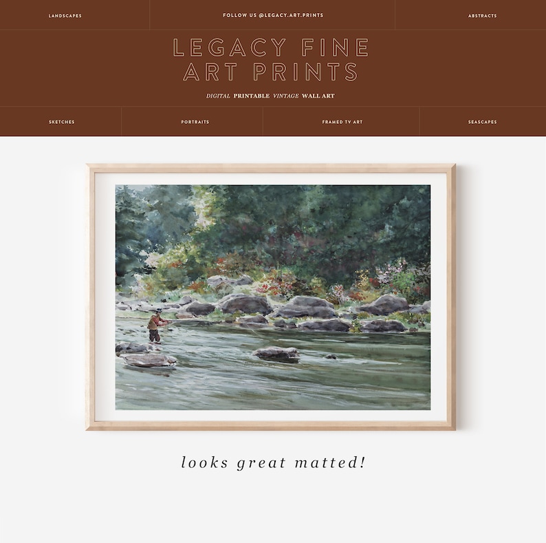 May include: A watercolor painting of a man fly fishing in a river surrounded by trees and rocks. The painting is framed in a light wood frame.