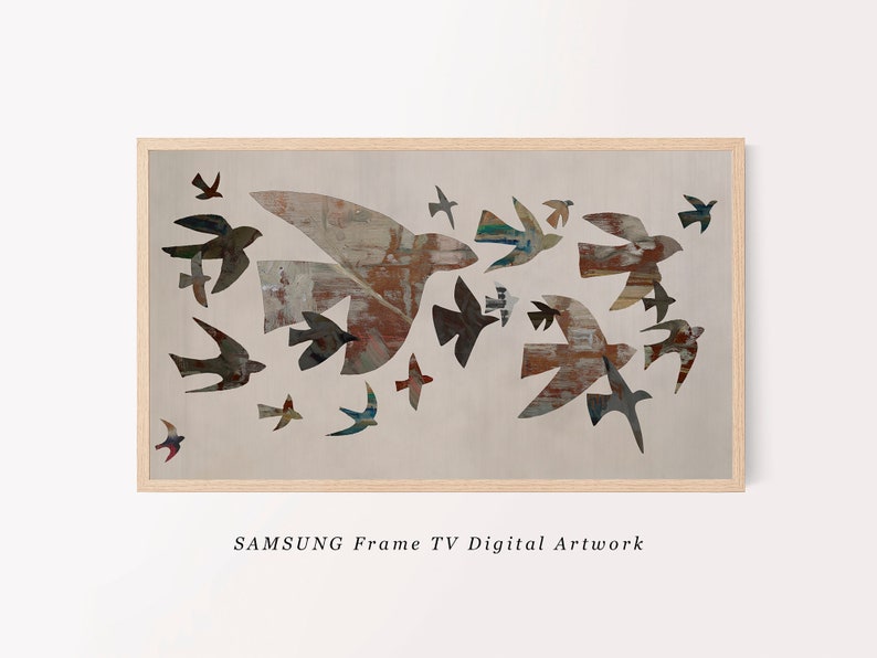 May include: Digital artwork featuring a flock of birds in flight. The birds are depicted in various colors and patterns, with a neutral background and a light wood frame. The text "SAMSUNG Frame TV Digital Artwork" is at the bottom.