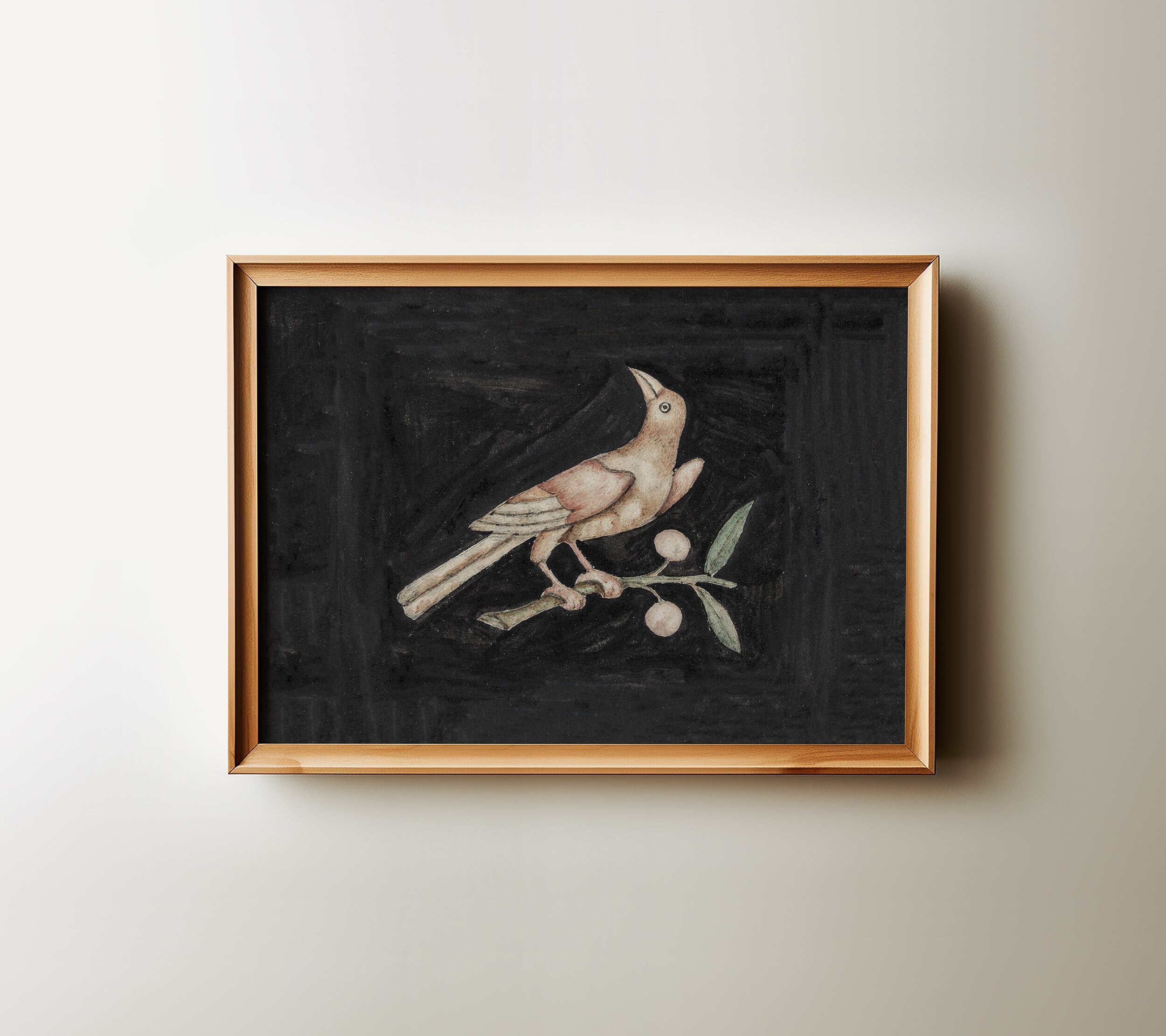 Dark Academia Vintage Folk Art Bird Print | Neutral Botanical Wall