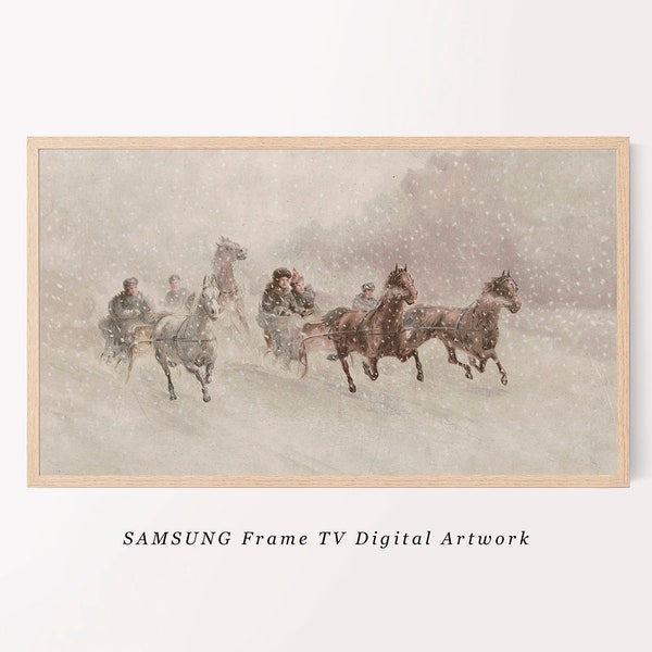 Frame TV Art Vintage Christmas Oil Painting | Rustic Farmhouse Neutral Holiday Wall Art | Sleigh Rides Downloadable Samsung Frame TV Art