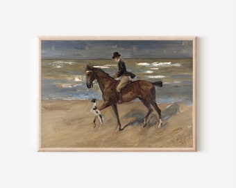 Vintage European Horse Oil Painting | Horse Wall Art Antique Coastal Decor | Downloadable Printable