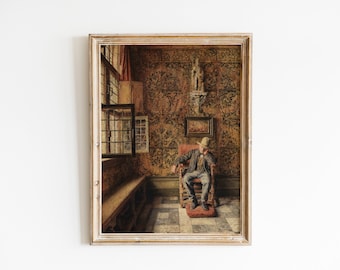 May include: A painting of a man sitting in a chair in a room with patterned wallpaper. The man is wearing a hat and a coat. The room has a window and a bench.