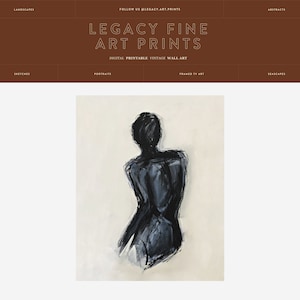 May include: Abstract art print featuring a figure in shades of black and gray against a cream background. The artwork is a digital printable vintage wall art. The website name is Legacy Fine Art Prints.