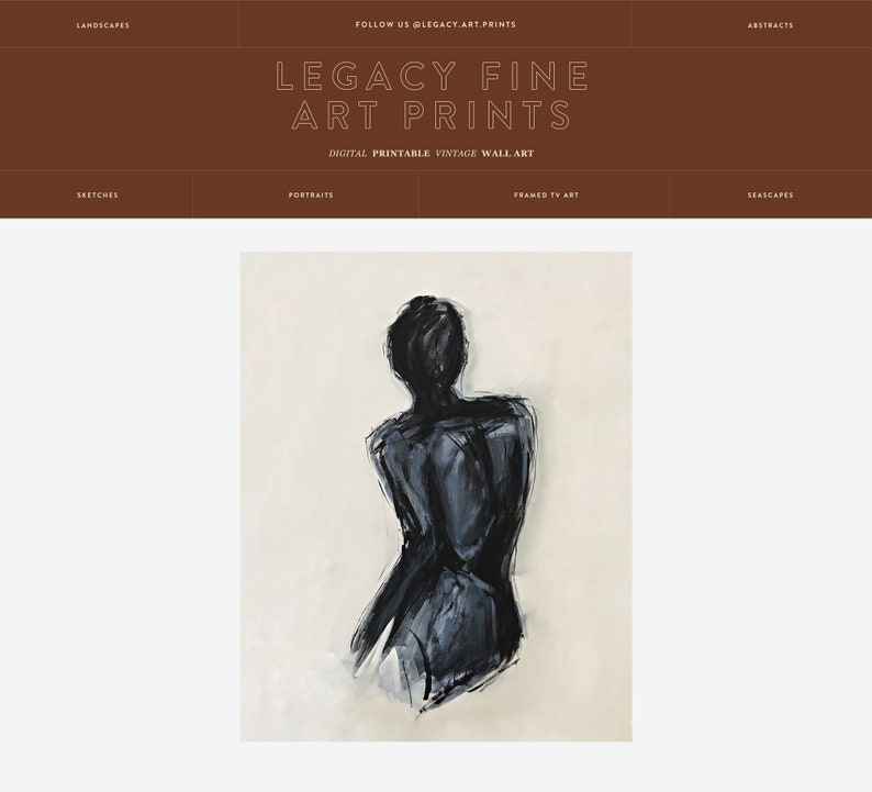 May include: Abstract art print featuring a figure in shades of black and gray against a cream background. The artwork is a digital printable vintage wall art. The website name is Legacy Fine Art Prints.