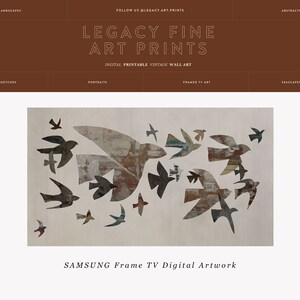 May include: Digital artwork for Samsung Frame TV featuring a flock of stylized birds in shades of gray, brown, and blue against a cream background. The artwork is labeled "SAMSUNG Frame TV Digital Artwork". The top banner reads "LEGACY FINE ART PRINTS".