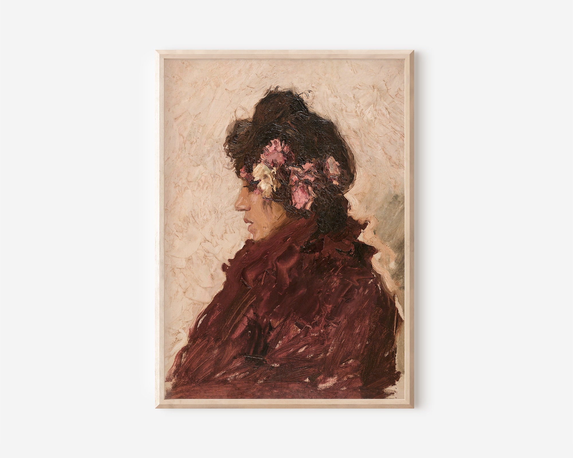 ヴィンテージフランス人女性の肖像画プリント、アンティークな横顔 