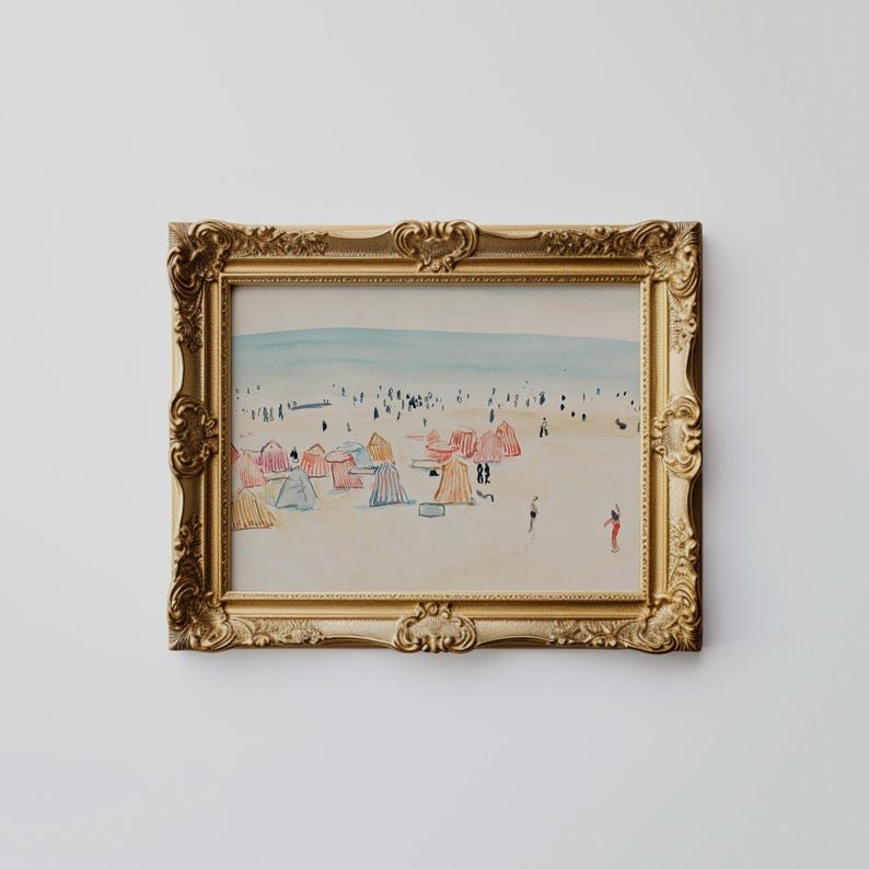 May include: A framed watercolor painting depicting a beach scene with colorful beach umbrellas and people on the sand.