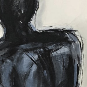 May include: Abstract painting of a figure from the back, rendered in charcoal and paint. The artwork features a dark, almost black, upper body with hints of blue and gray, set against a white background. The style is expressive and suggestive.