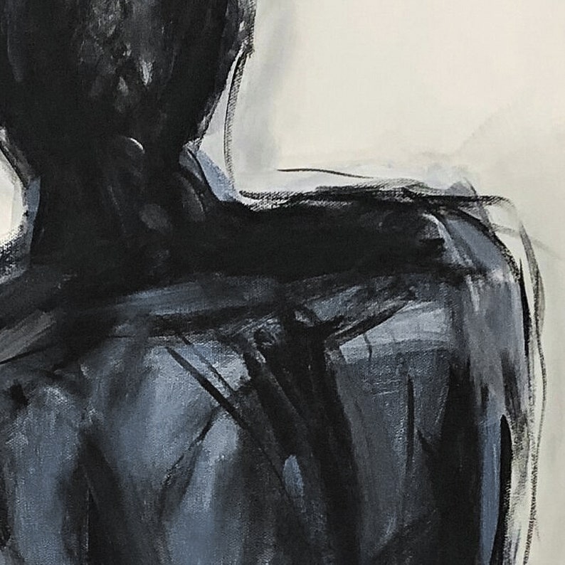 May include: Abstract painting of a figure from the back, rendered in charcoal and paint. The artwork features a dark, almost black, upper body with hints of blue and gray, set against a white background. The style is expressive and suggestive.