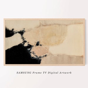 May include: Abstract digital artwork in shades of black, beige, and white displayed on a Samsung Frame TV. The artwork is framed in a light wood frame.