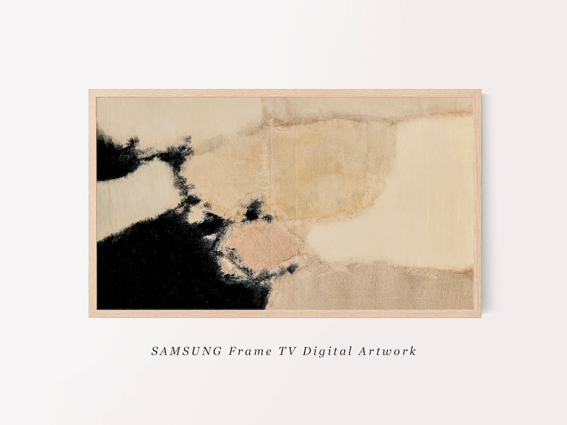 May include: Abstract digital artwork in shades of black, beige, and white displayed on a Samsung Frame TV. The artwork is framed in a light wood frame.