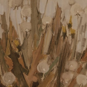 May include: Abstract painting depicting a field of white flowers with brown stems and leaves. The flowers are painted in a loose, impressionistic style, with soft edges and subtle variations in colour.